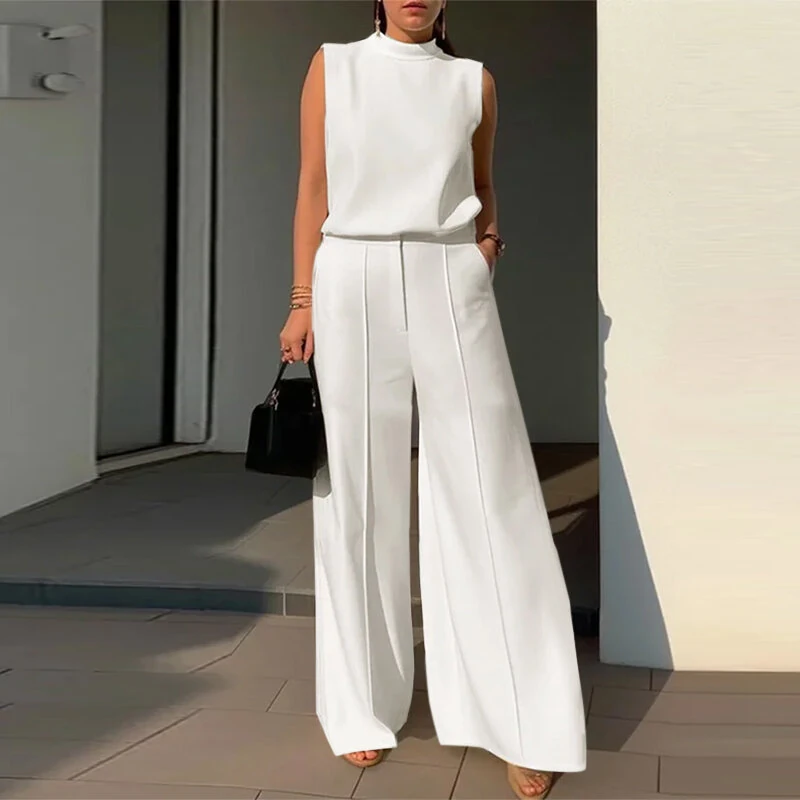 (image for) ZANZEA Women Vintage Casual Stand Neck Sleeveless Pleated Wide Leg Tops Trousers