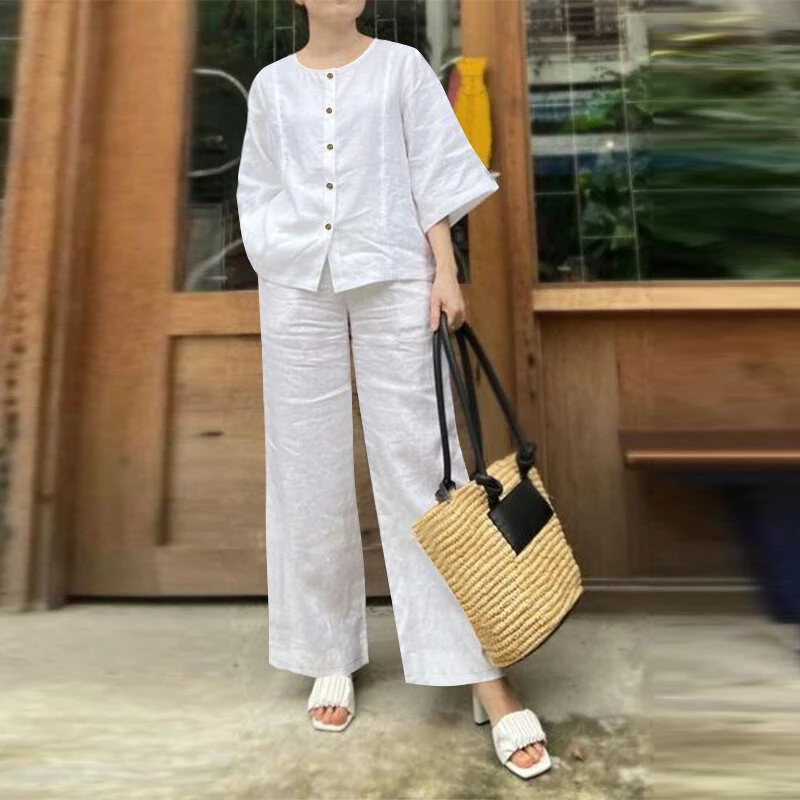 (image for) ZANZEA Women Vintage Crew Neck Long Sleeve Tops Elastic Waist Wide-Legged Pants Sets