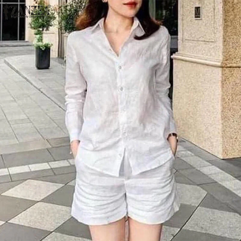 (image for) ZANZEA Women's 2pcs Suits Vintage Casual Long Sleeve Lapel Shirt Elastic Waist A-Line Shorts Cotton Linen Sets