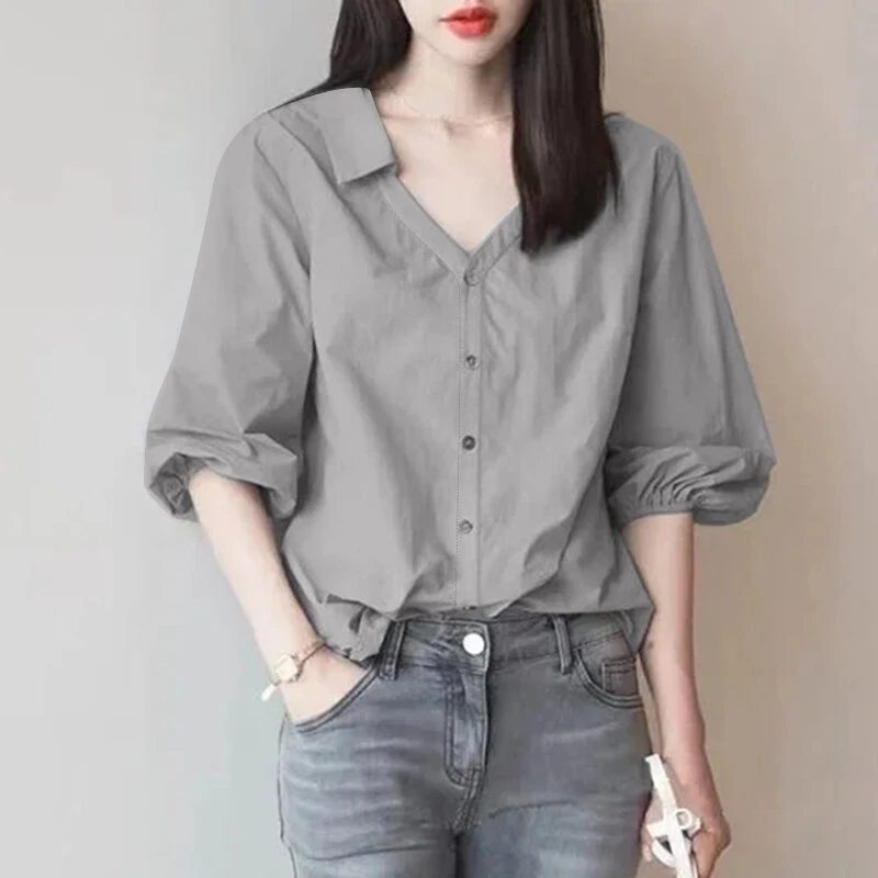 (image for) ZANZEA Women's Blouse Commute New Fashion Lantern Sleeve V-Neck Lapel Solid Office Top Shirt