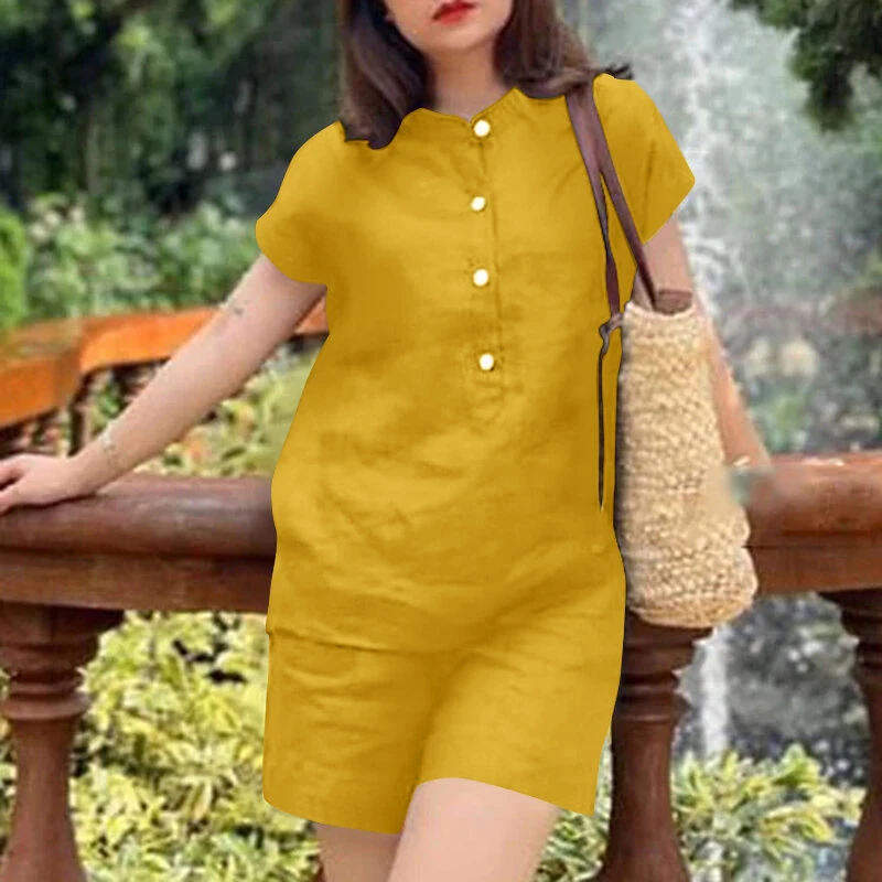 (image for) ZANZEA Womens Casual 2pcs Sets Short Sleeve Top Blouse Elastic Waist Pants Loose Suits