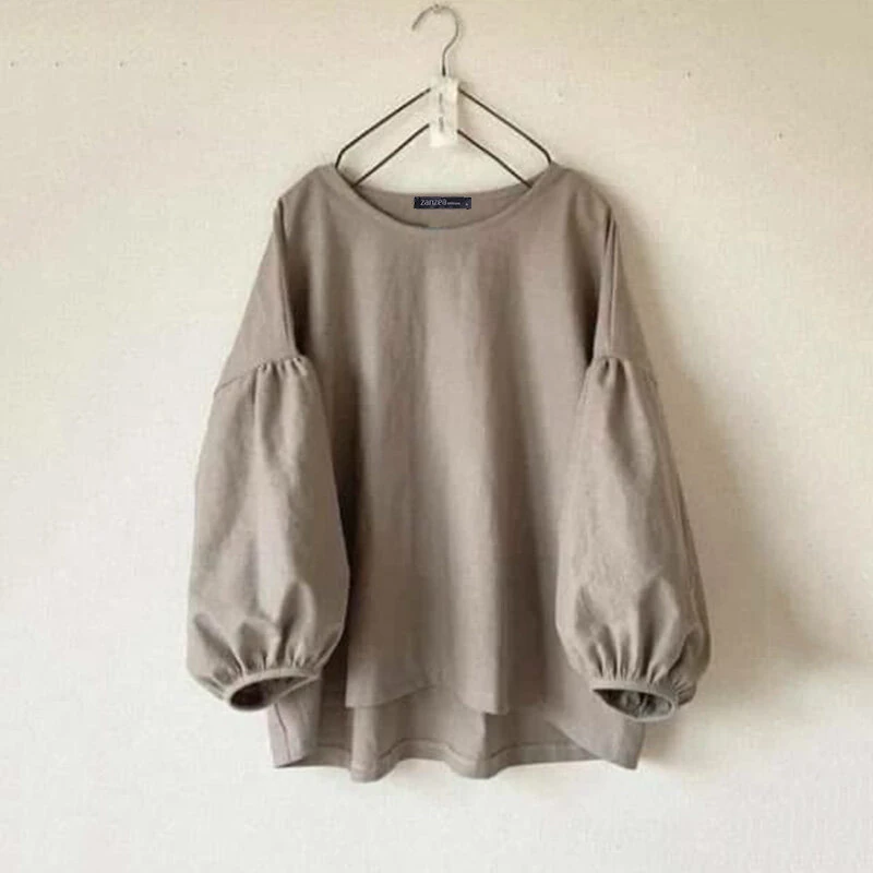 (image for) ZANZEA Women's Round Neck Drop Shoulder Lantern Sleeve Loose Casual Solid Blouses