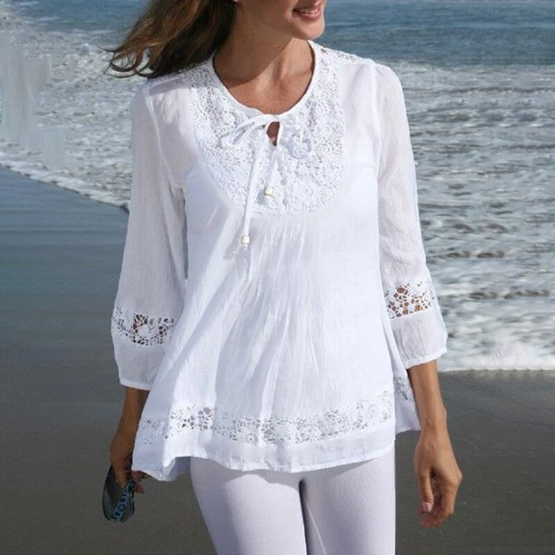 (image for) ZANZEA Women's Shirt Solid Lace Blouse Eyelet Lace Patchwork 3/4 Length Sleeve Top Summer Daily Casual Shirts