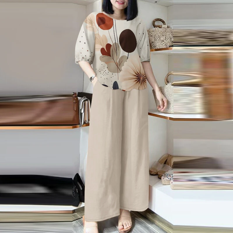 (image for) ZANZEA Womens Two-Piece Set Lady Elegant Sets Crew Neck Lantern Sleeve Graphic Print Tops Wide Leg Trousers Suits